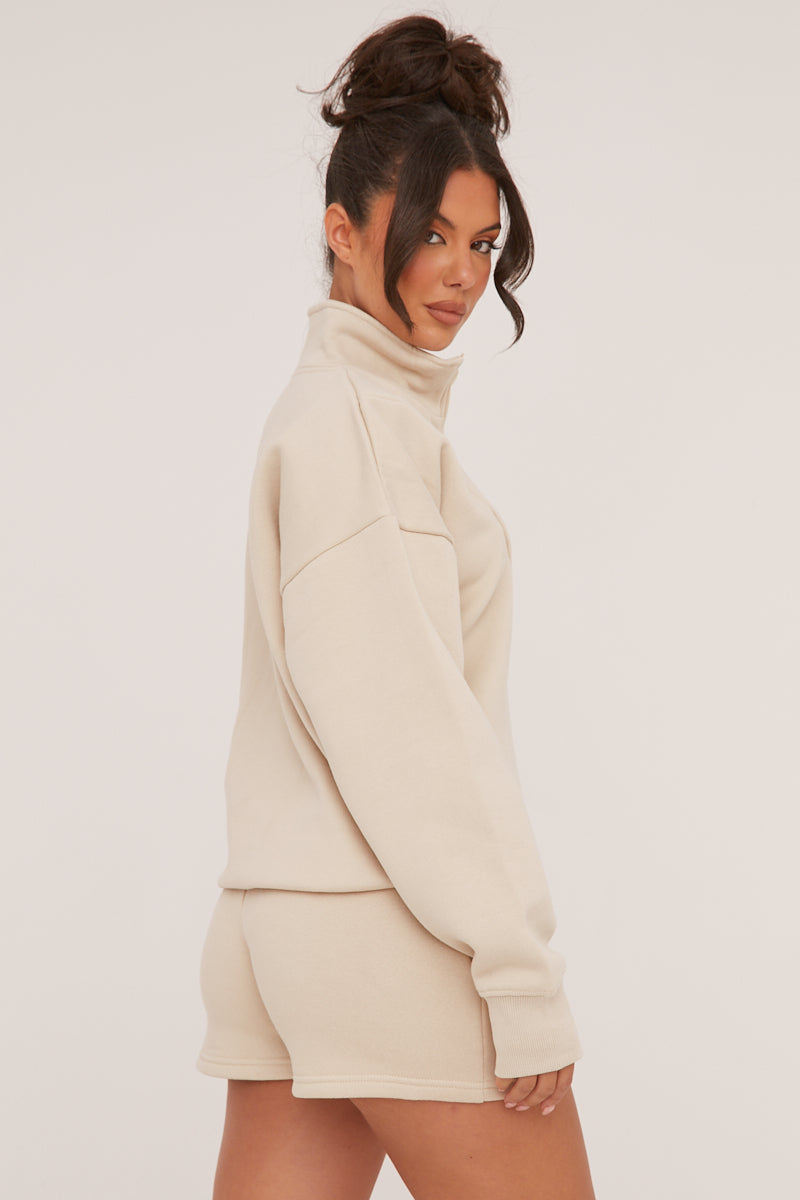Stone Oversized Zip Front Sweatshirt & Mini Shorts Co-ord Set - Adriana