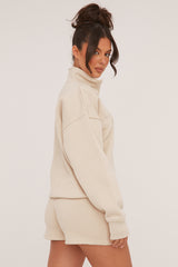 Stone Oversized Zip Front Sweatshirt & Mini Shorts Co-ord Set - Adriana