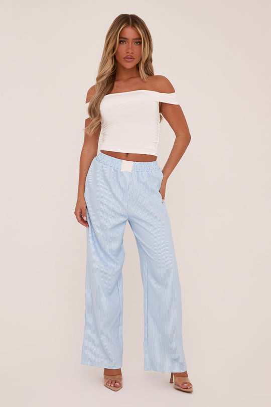 Blue Pinstripe Elasticated Waist Straight Leg Trousers - Doris