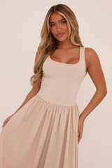 Beige Rib Knit Drop Waist Scoop Neck Maxi Dress - Elian