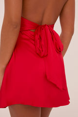 Red Satin Halter Neck Tie Waist Mini Dress - Tamara