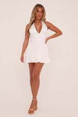 White Satin Halter Neck Tie Waist Mini Dress - Tamara