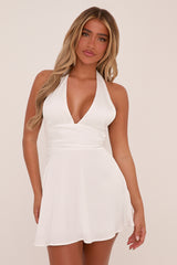 White Satin Halter Neck Tie Waist Mini Dress - Tamara
