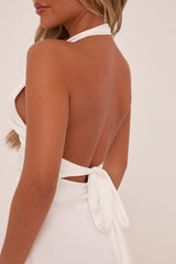White Satin Halter Neck Tie Waist Mini Dress - Tamara