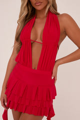 Red Plunge Neck Frill Detail Mini Dress - Swan