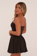 Black Bandeau Drop Waist Puffball Detail Mini Dress - Saffiya