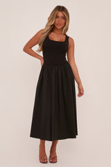 Black Rib Knit Drop Waist Scoop Neck Maxi Dress - Elian