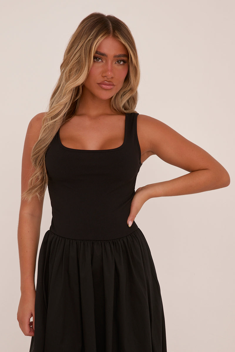 Black Rib Knit Drop Waist Scoop Neck Maxi Dress - Elian