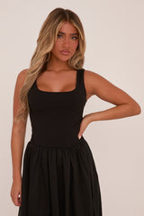 Black Rib Knit Drop Waist Scoop Neck Maxi Dress - Elian