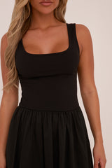 Black Rib Knit Drop Waist Scoop Neck Maxi Dress - Elian