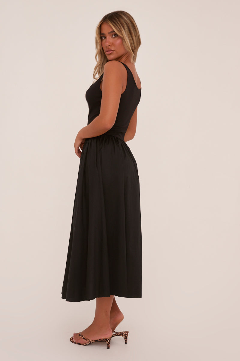 Black Rib Knit Drop Waist Scoop Neck Maxi Dress - Elian
