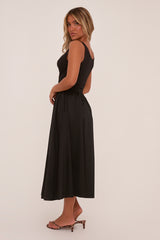 Black Rib Knit Drop Waist Scoop Neck Maxi Dress - Elian