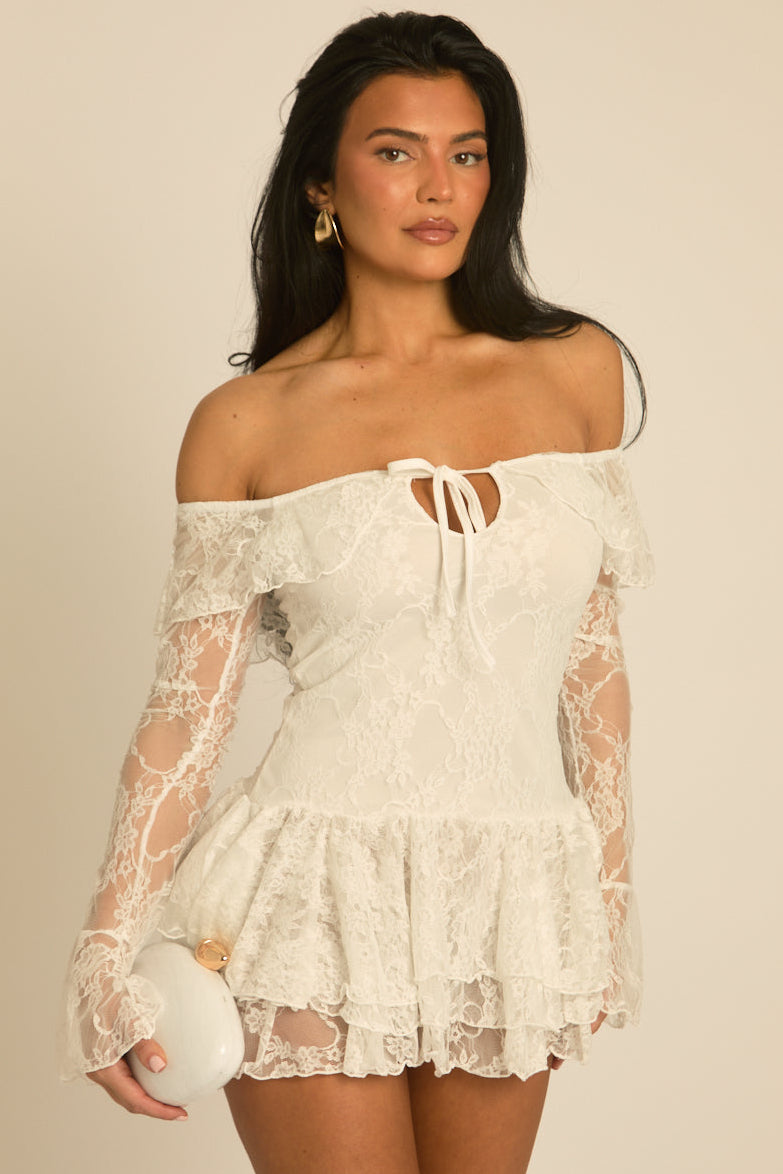 White Lace Bardot Frill Mini Dress - Norelle