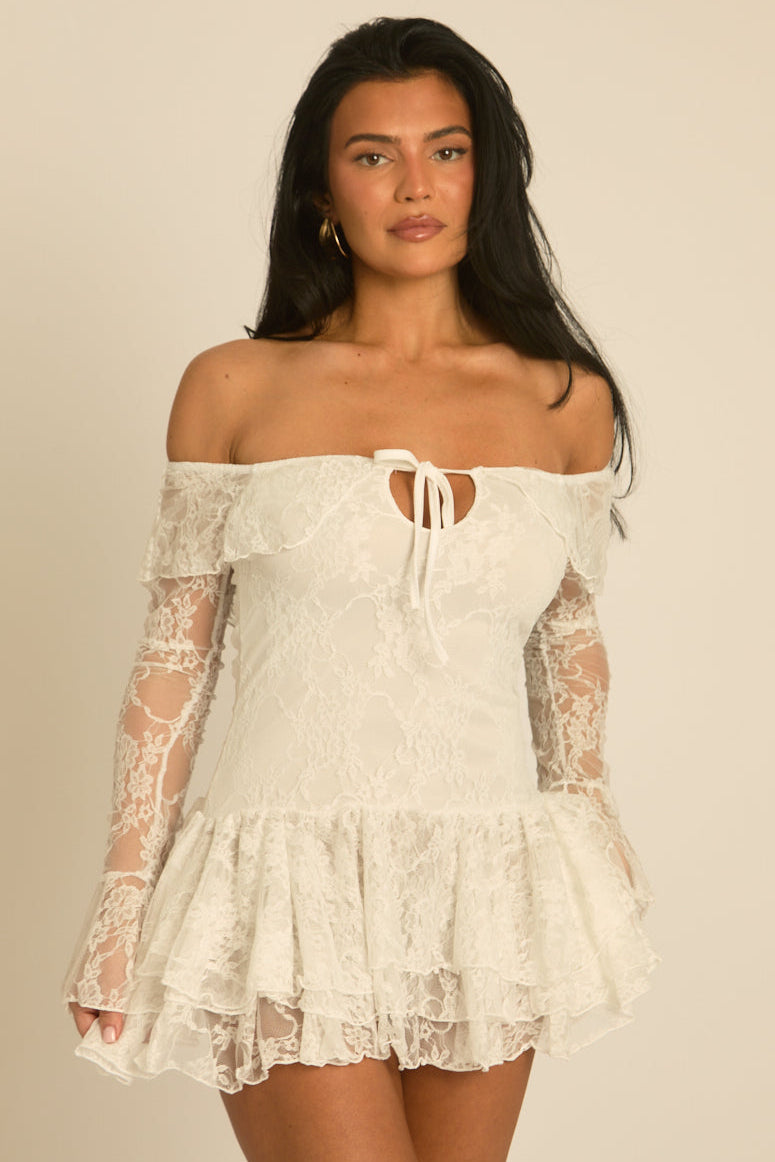White Lace Bardot Frill Mini Dress - Norelle