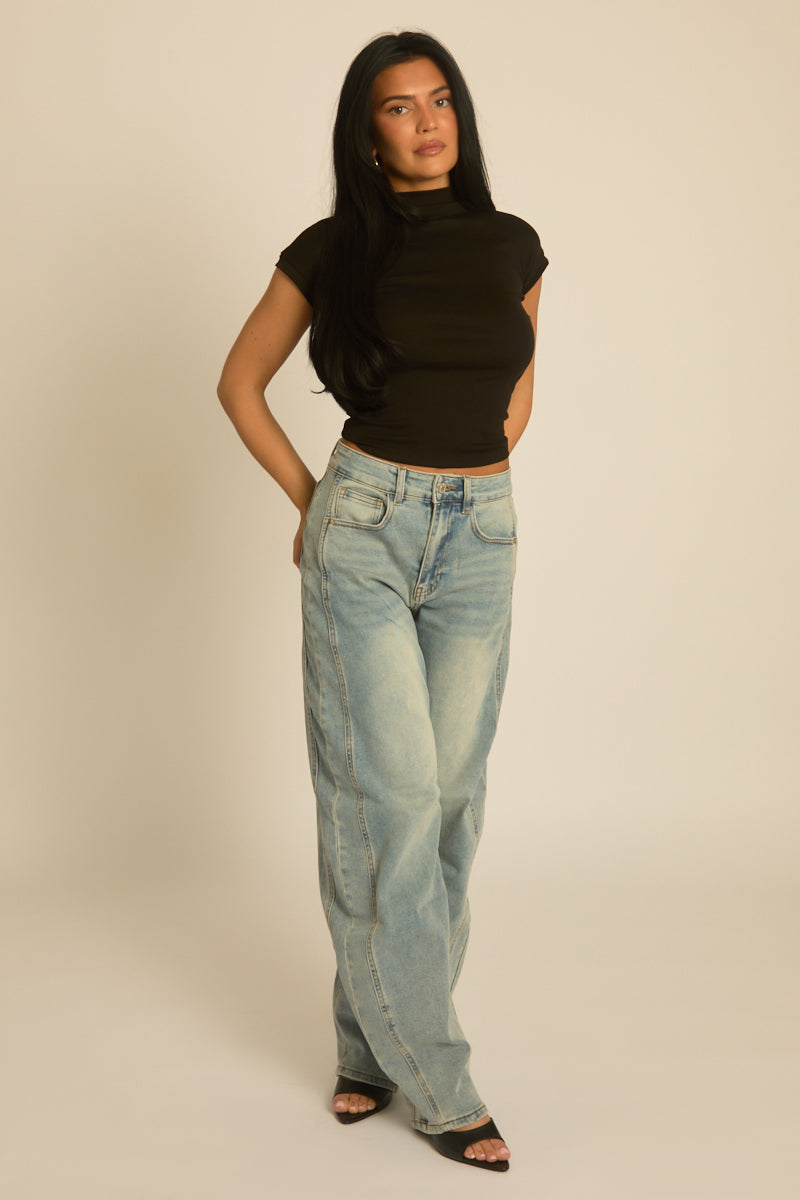 Blue Washed Stretch Denim Barrel Leg Jeans - Orson