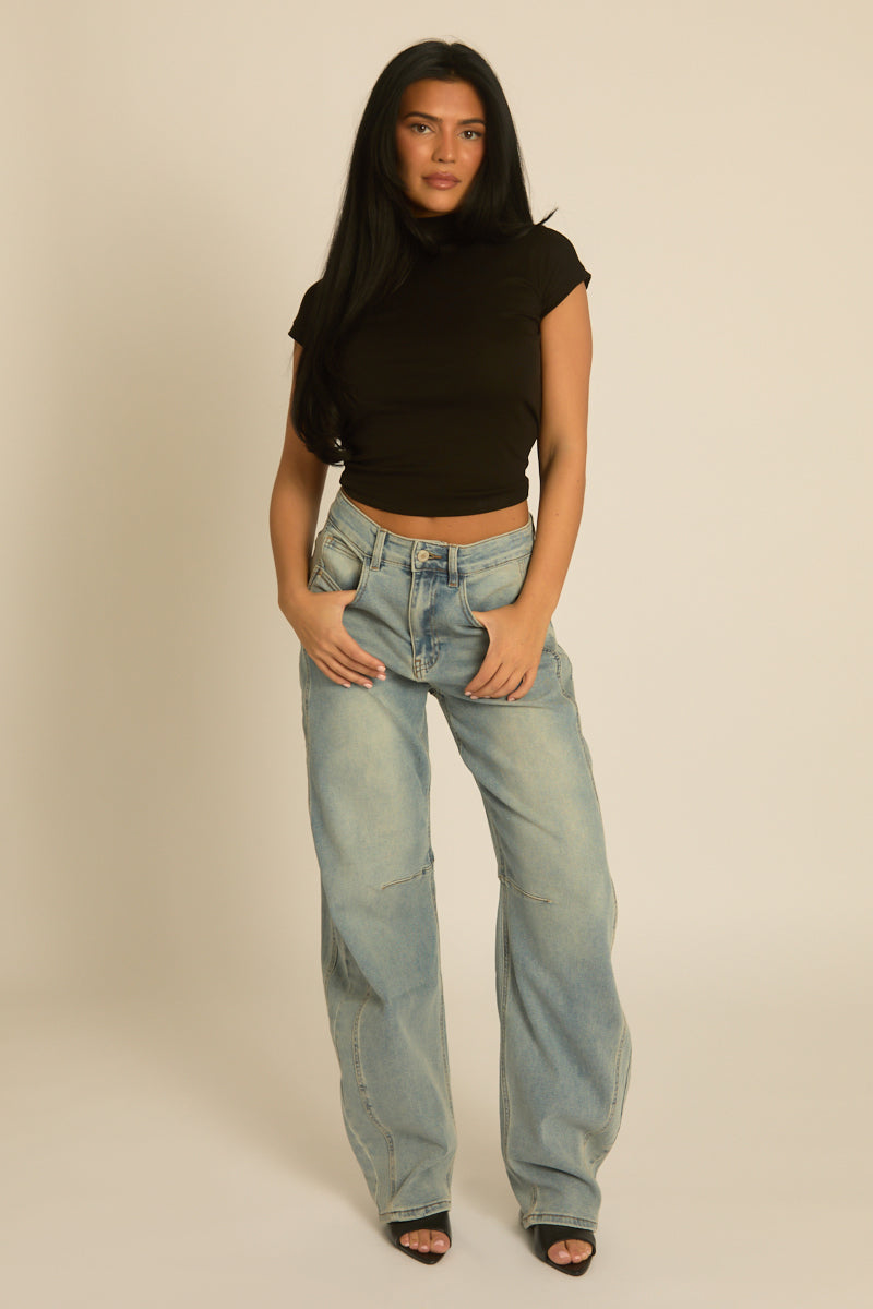Blue Washed Stretch Denim Barrel Leg Jeans - Orson