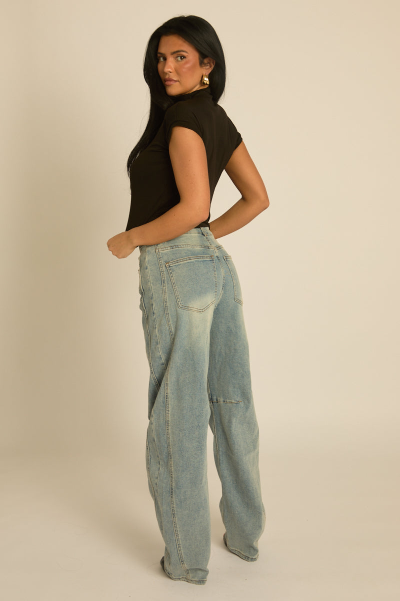Blue Washed Stretch Denim Barrel Leg Jeans - Orson