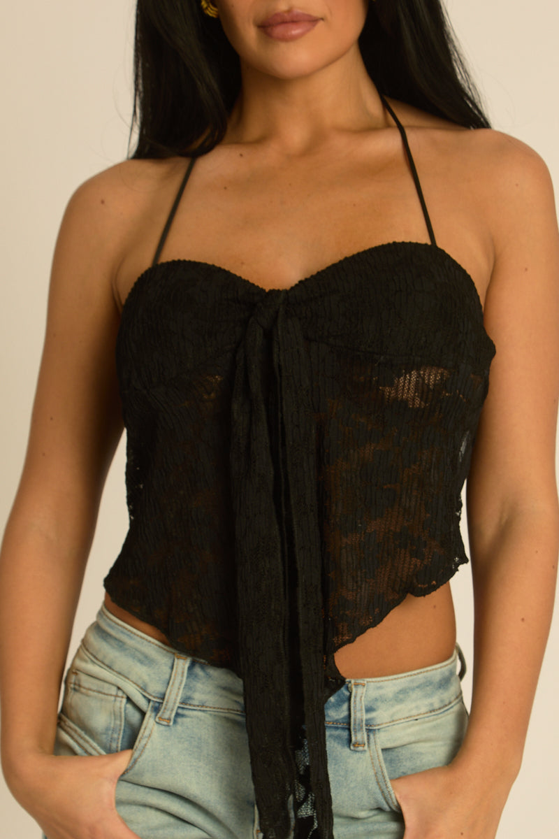 Black Lace Halterneck Tie Front Top - Elder