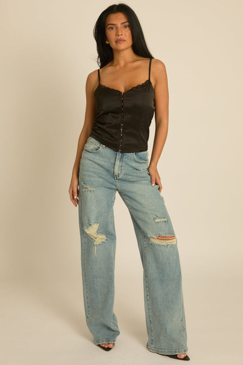 Blue Stretch Denim Distressed Dad Jeans - Herma