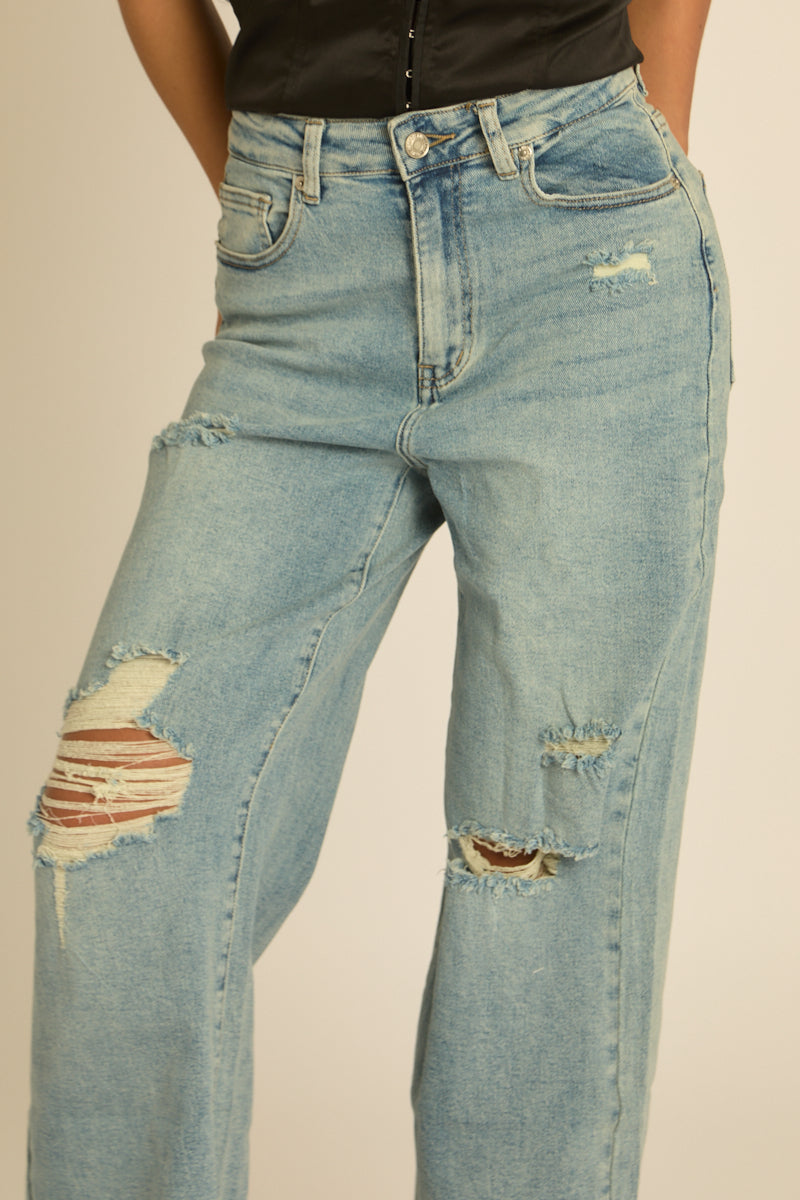 Blue Stretch Denim Distressed Dad Jeans - Herma