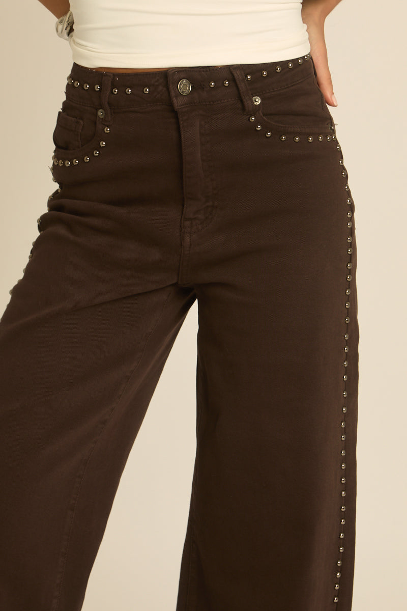 Chocolate Brown Studded Wide Leg Denim Jeans - Cardon