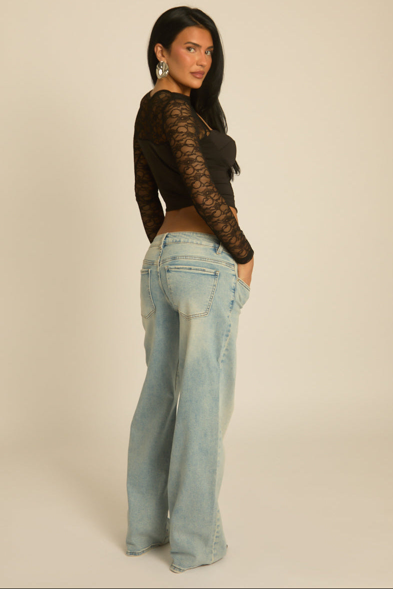 Black Lace Asymmetric Long Sleeve Corset Top - Averly