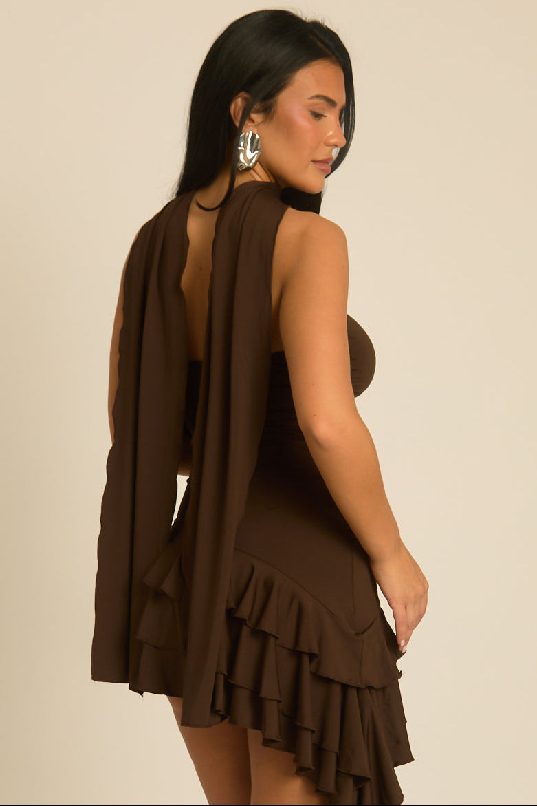 Chocolate Extreme Ruffle Bandeau Mini Dress - Baylee