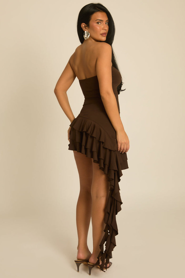 Chocolate Extreme Ruffle Bandeau Mini Dress - Baylee