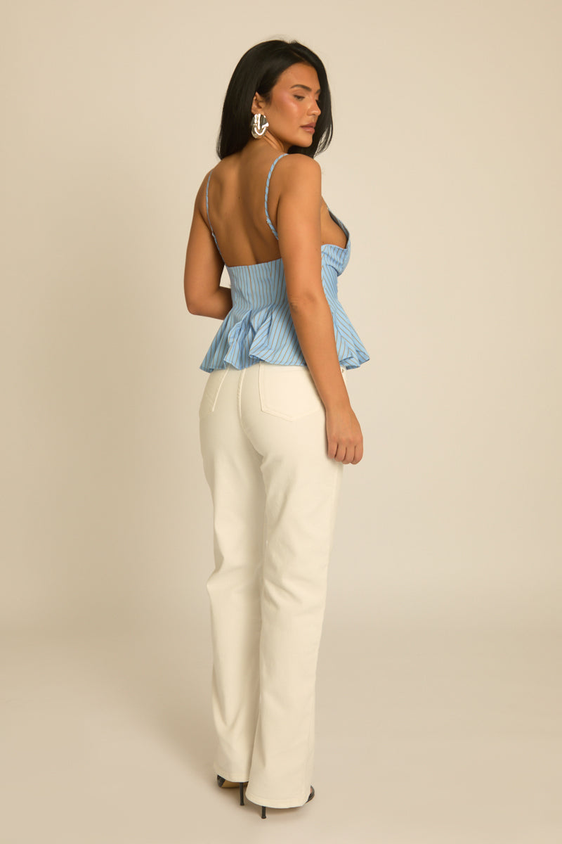 Blue Stripe Button Front Peplum Top - Emmie