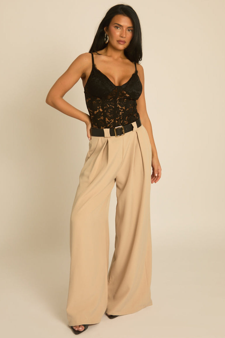 Beige Belted Pleat Detail Trousers - Melly