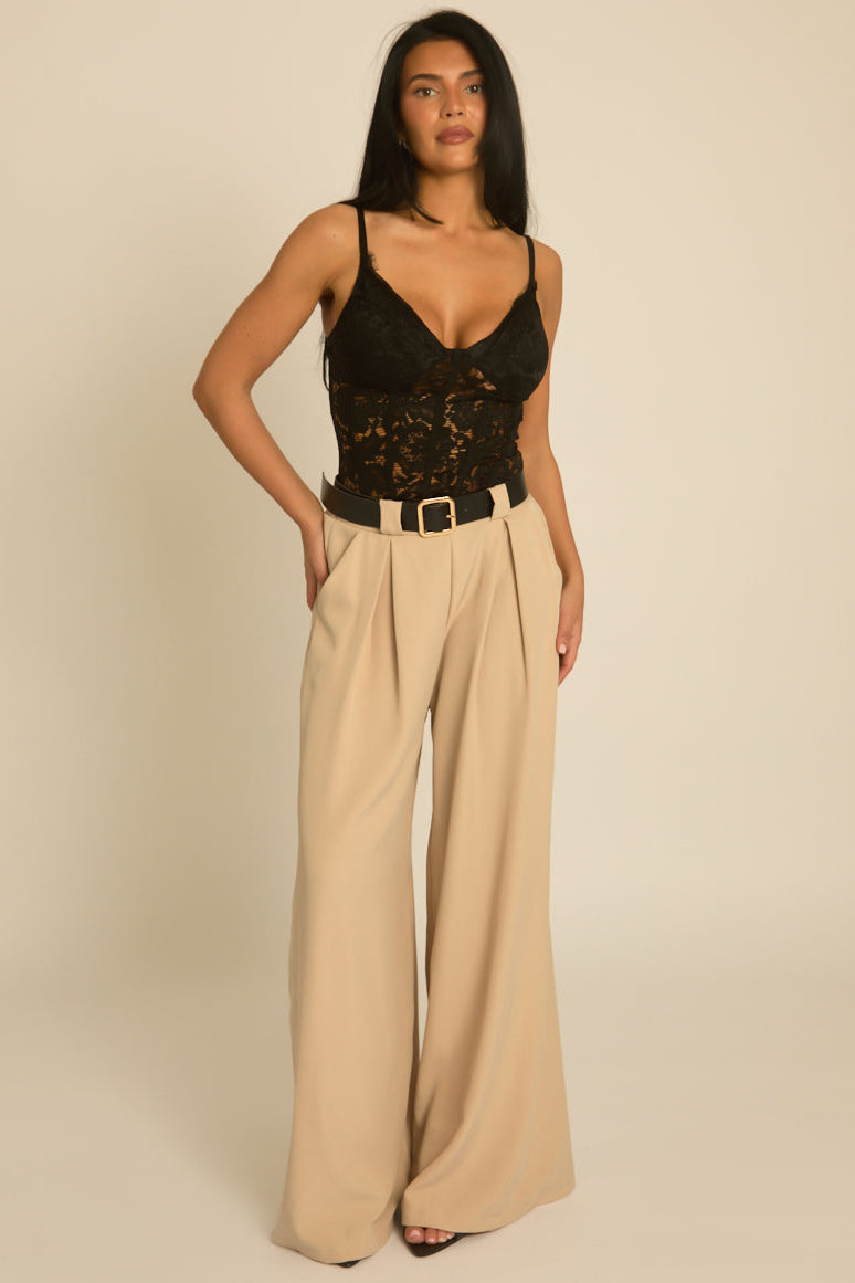 Beige Belted Pleat Detail Trousers - Melly