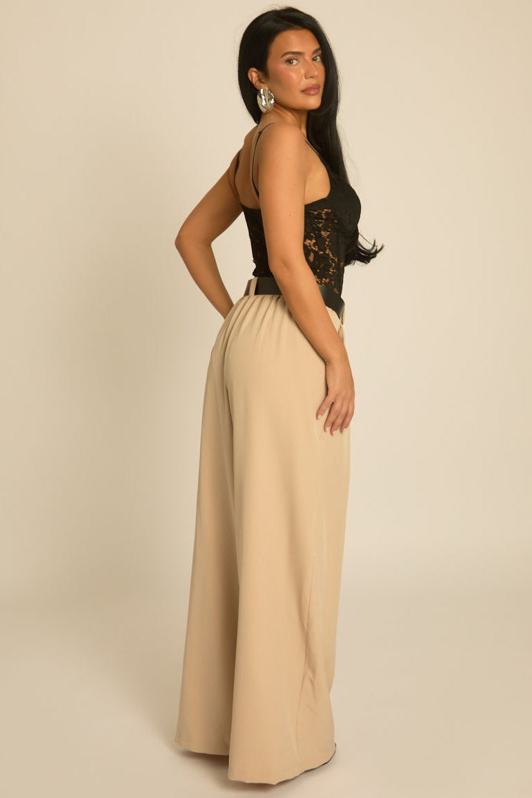 Beige Belted Pleat Detail Trousers - Melly