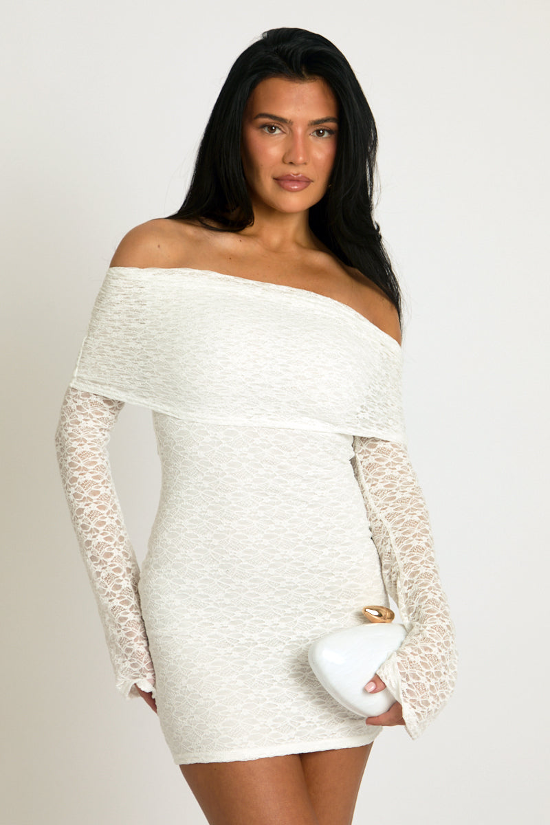 White Lace Bardot Mini Dress - Desree