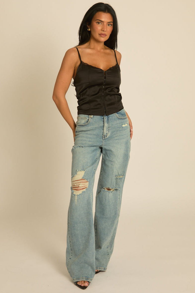 Blue Stretch Denim Distressed Dad Jeans - Herma