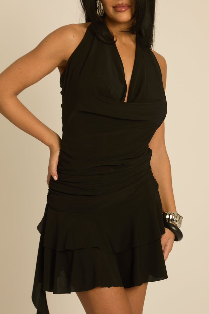 Black Cowl Asymmetric Frill Mini Dress - Arlia