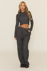 Charcoal Striped Jersey Top and Trouser Loungewear Co-ord Set - Arlene