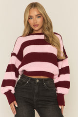 Pink Stripe Cropped Knit Oversized Jumper - Ciara