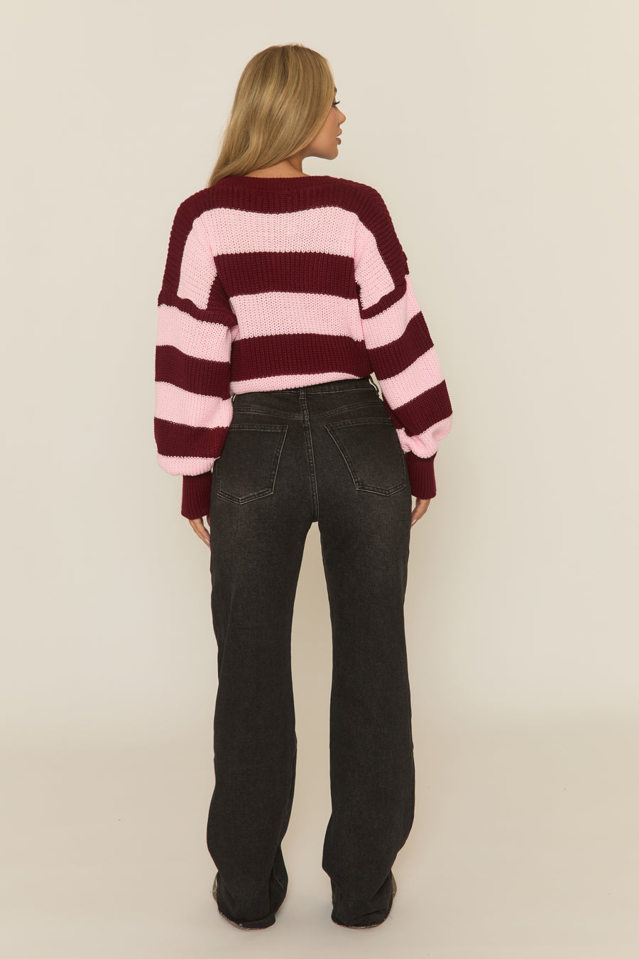 Pink Stripe Cropped Knit Oversized Jumper - Ciara