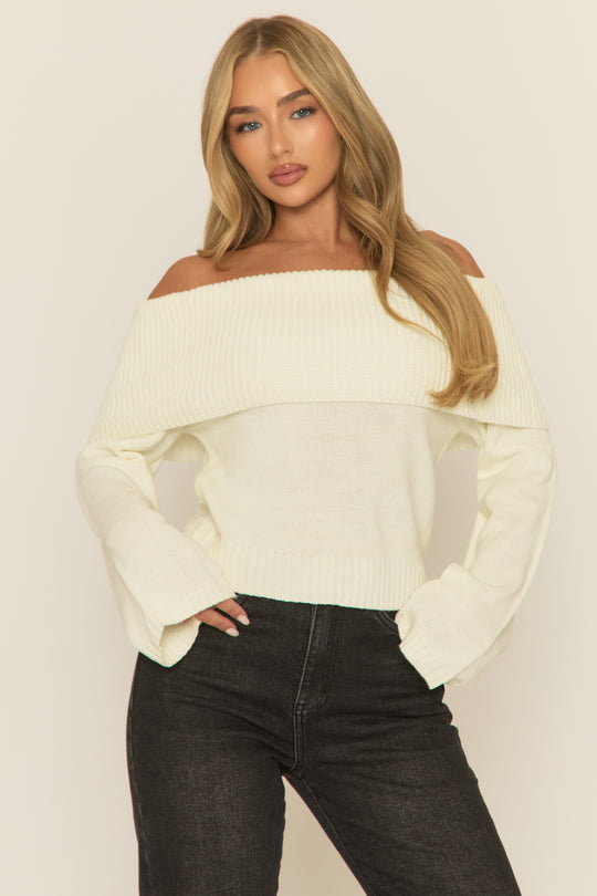 Cream Bardot Knit Jumper - Aleeza