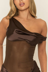Chocolate Satin Asymmetric Mini Dress - Llona