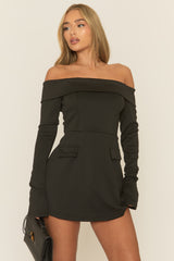 Black Bardot Tailored Mini Dress - Amellie