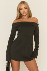 Black Bardot Tailored Mini Dress - Amellie