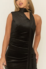 Black Velvet Asymmetric Gathered Mini Dress - Bonny