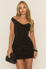 Black Off Shoulder Drape Front Mini Dress - Kensy