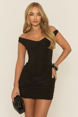 Black Off Shoulder Drape Front Mini Dress - Kensy