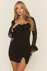 Black Lace Long Sleeve Mini Dress - Myrah