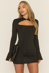 Black High Neck Long Sleeve Mini Dress - Preean