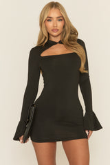 Black High Neck Long Sleeve Mini Dress - Preean