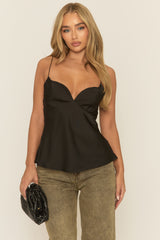 Black Satin Sweetheart Neck Cami Top - Serina
