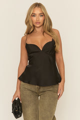 Black Satin Sweetheart Neck Cami Top - Serina